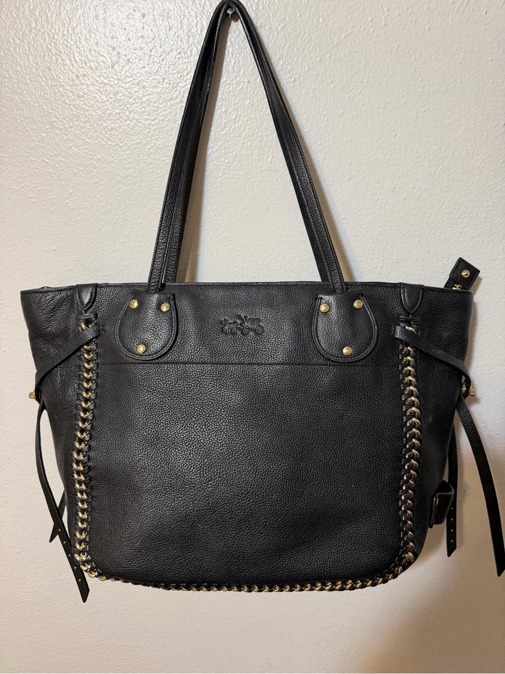 Coach Turnlock Chain Tote 27 Black Polished Pebble Leather Shoulder Bag  57107
